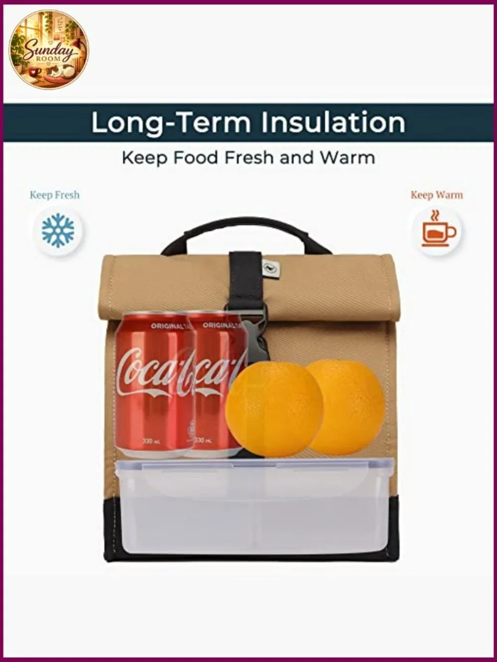 Insulated Lunch Bag Rolltop Tote with Adjustable Strap
